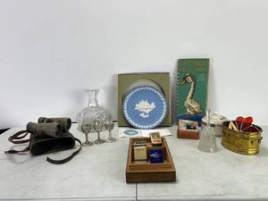 lot 56 image: WEDGEWOOD PLATE NOS IN BOX, BINOCULARS, BOOK, WOOD BOX WMATCHES AND MORE