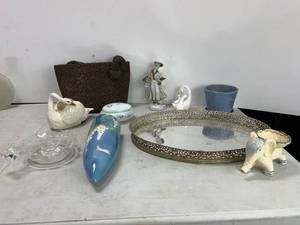 lot 58 image: VINTAGE DRESSER MIRROR, ELEPHANT FIGURE, WALL POCKET, PURSE AND MORE