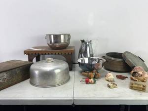 lot 62 image: VINTAGE METAL AND TIN BOWLS, FOOD WARMER, CORK BOTTLE STOPPERS, PORCELAIN DOLLS AND MORE