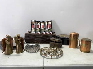 lot 63 image: WOOD LOG CONTAINER, ANGELS, OWL TRIVET, CHEESE SHAKERS AND MORE