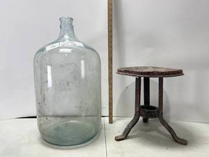 lot 64 image: FIVE GALLON GLASS JAR, METAL PLANT STAND STOOL PATIO