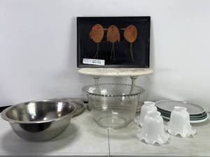 lot 66 image: MID CENTURY MODERN TRAY, CANDLE WICK BOWL, GLASS SHADES, METAL BOWL AND MORE