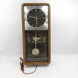 lot 45 image: Vintage 1980s Miller High Life Faux Wood Grain Bar Light Pendulum Wall Clock WORKING