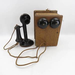 lot 46 image: Antique Western Electric Candlestick Phone with Wood Crack Box