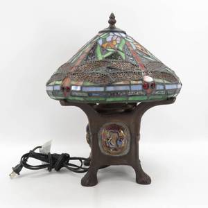 lot 49 image: Beautiful Stained Glass Dragon Fly Shade Turtle Back Lamp