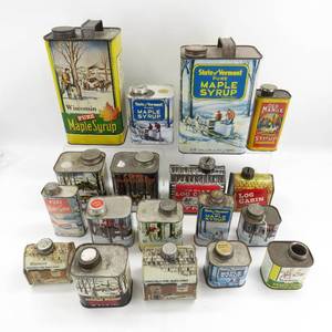 lot 50 image: Grouping of 19 Vintage Maple Syrup Cans Large & Small