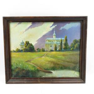 lot 94 image: Framed Vintage Unsigned Oil Painting Church and Grounds
