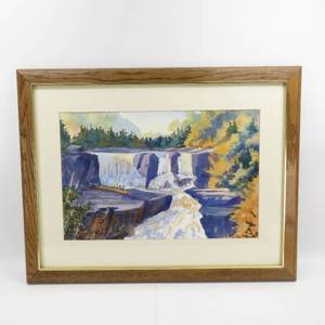 lot 104 image: Framed Minnesota Ukranian Artist Watercolor Waterfall Landscape Painting