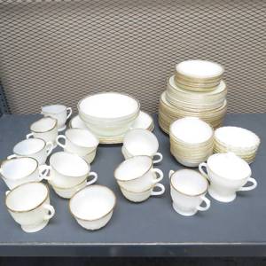 lot 90 image: 70 Piece Anchor HockingFire King Dinnerware White wGold Trim