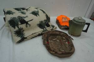 Hunting Hat, Small Hunting Carry Bag, Coffee pot and throw blanket