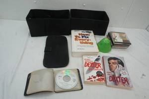Entertainment, How to Fix Everything Book, Dexter Books, CDs, 2 black small storage containers