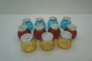 Variety of Glass Bottles with Tops, Color Blue, Red, Yellow