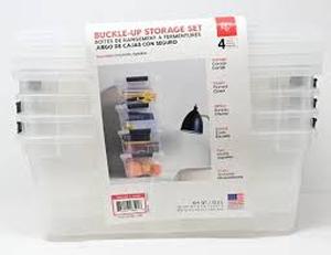 lot 1 image: Iris Buckle Up Storage Box, 12.9 Quart, Clear, 4 Count
