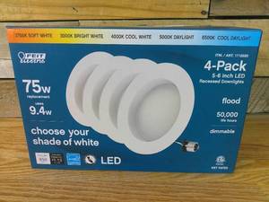 lot 75 image: Feit Electric 5-6 inch Led Recessed Dimmable Downlights Multiple Shades - 4 Pack