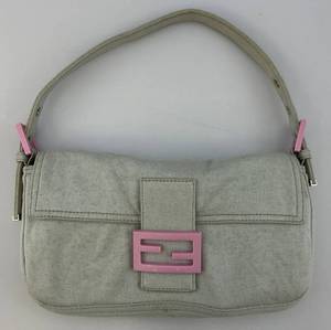 lot 3 image: EST $475 - $700 FENDI Bluish Gray & Pink Heavenly Cotton Baguette Shoulder Bag (VERY NICE PRE-LOVED CONDITION)