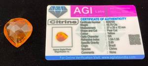 lot 37 image: AGI Labs 48.75 Cts Pear Cut Citrine With COA