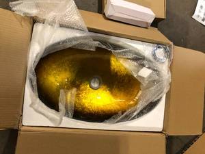 Foil Undertone Glass Oval Vessel Sink in Yellow with Faucet Pop Up Drain Set by Puluomis     Customer Returns See Pictures