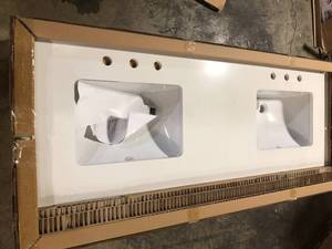 Home Decorators Collection 61 in. W x 22 in D Quartz White Rectangular Double Sink Vanity Top in Warm White customer return see pictures