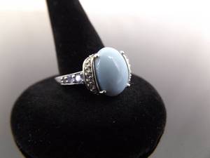 .925 Sterling Silver Diamond Accented Light Blue Chalcedony&nbspCabochon Ring Size 9