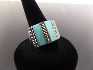 .925 Sterling Silver Art Nouveau Inlayed Turquoise Ring Size 7.75