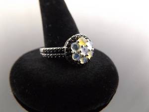 NEW .925 Sterling Silver Moonstone and Black Crystal Ring Size 10