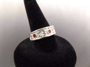 .925 Sterling Silver Inlayed Red Coral Ring Size 6.5