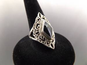 .925 Sterling Silver Inlayed Black Onyx Diamond Cabochon Ring Size 7.25