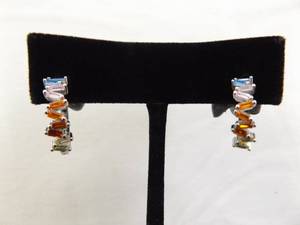 NEW .925 Sterling Silver Multi Colored Stone Latch Hook Hoop Earrings