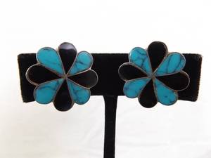 .925 Sterling Silver Inlayed Turquoise and Onyx Flower Hoop Earrings