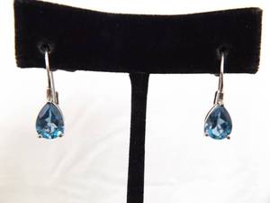 .925 Sterling Silver Pear Cut Aquamarine Crystal Hook Latch Earrings