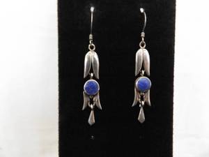 .925 Sterling Silver Inlayed Lapis Lazuli Feather Dangle Hook Earrings