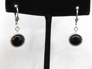 .925 Sterling Silver Black Onyx Cabochon Hook Latch Earrings