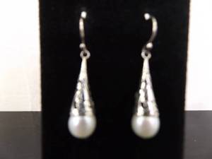 .925 Sterling Silver Genuine Pearl Scrolled Dangle Hook Earrings