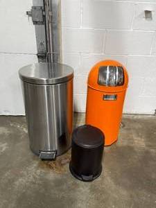 3 Trash Bins - 1 Covered Stainless Steel