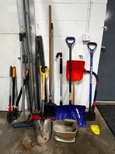 Various Yard Tools  Shovels  Black and Decker Snack Dram  Brooms  Ice Breaker  Pruner