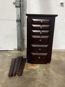 Dark Wood 5 Drawer End Table w Detached Legs, 1 Top Compartment and 2 Winged Compartments