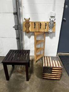 Small Dark Wood End Table, American Flag Square Ottoman, Light Wood 3 Shelf Corner Unit, 3 Hook Wall Hanging w Giraffe and Zebra Decor