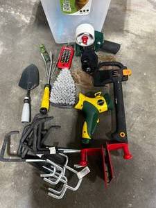 Gardening Tools, Dog Food Container, (9) Rafter Hangers, Shop Towel Magnetic Holder, Fiskars Hatchet, etc.