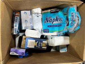 Black Wall Paper Towel Holder, Various Paper Products - Kleenex, Paper Towels (for holder), and Misc. PPE.