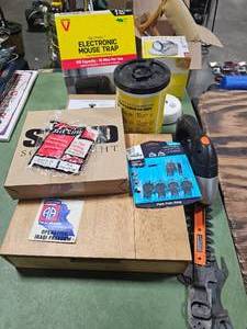 Electronic Mouse Trap, Electric Remington Trimmer (no cord), Various Lights Inc Solar, Porch & Motion Detected Lights & Wooden Hardware Case & More
