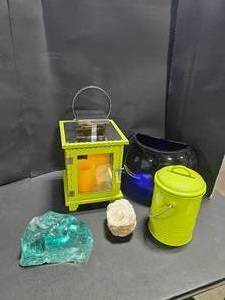 Blue Glass Vase, Battery Operated Candles in Lantern & Other Home Decor