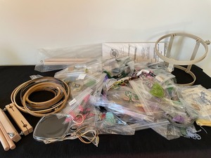 lot 73 image: Cross Stitch Floss, Magnifier, Wooden Hoops and Stitching Frames