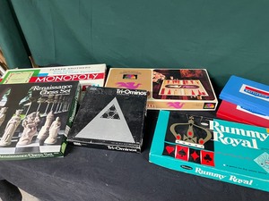 lot 232 image: Game Night  Monopoly, Backgammon, Chess, Tri-Ominos, Battleship & Royal Rummy