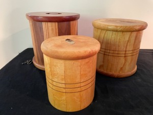 lot 9 image: Unusual Original Hand Crafted Wooden Storage Containers for Money, Cancer Beads, Ashes, etc.