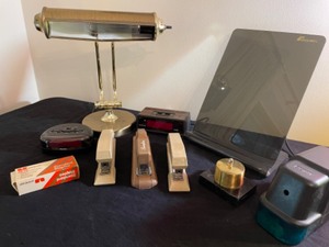 lot 18 image: Office Lot--Lamp, Stapler, Clock, Pencil Sharpener