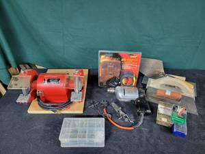 lot 97 image: Bench Grinder, Drill, Measuring Tape, & Sheetrock Tools