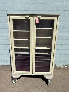 lot 32 image: Herman Miller for Healthcare Mobile 2 Glass Door Supply Storage Display Case Cart with Drawer Bins - Lock Removed So Door Does Not Stay Securely Shut