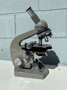 lot 46 image: Super Retro Cool Olympus Optical Lab 3 Objective Microscope In Locking Cabinet With Keys & New In Boxes  - Great Condition