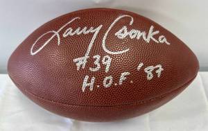 lot 7 image: Larry Csonka Signed Football with AuthenticGraph COA and Custom Super Bowl 8 MVP Case, Inscribed #49 HOF 87 - Wilson Official NFL Ball - Miami Dolphins
