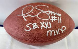 lot 19 image: Phil Simms Signed Super Bowl XXI MVP Football with Gridiron Authentics COA and Custom Case - Wilson Official XXI Football - Insctibed #11 S.B. XXI MVP - New York Giants